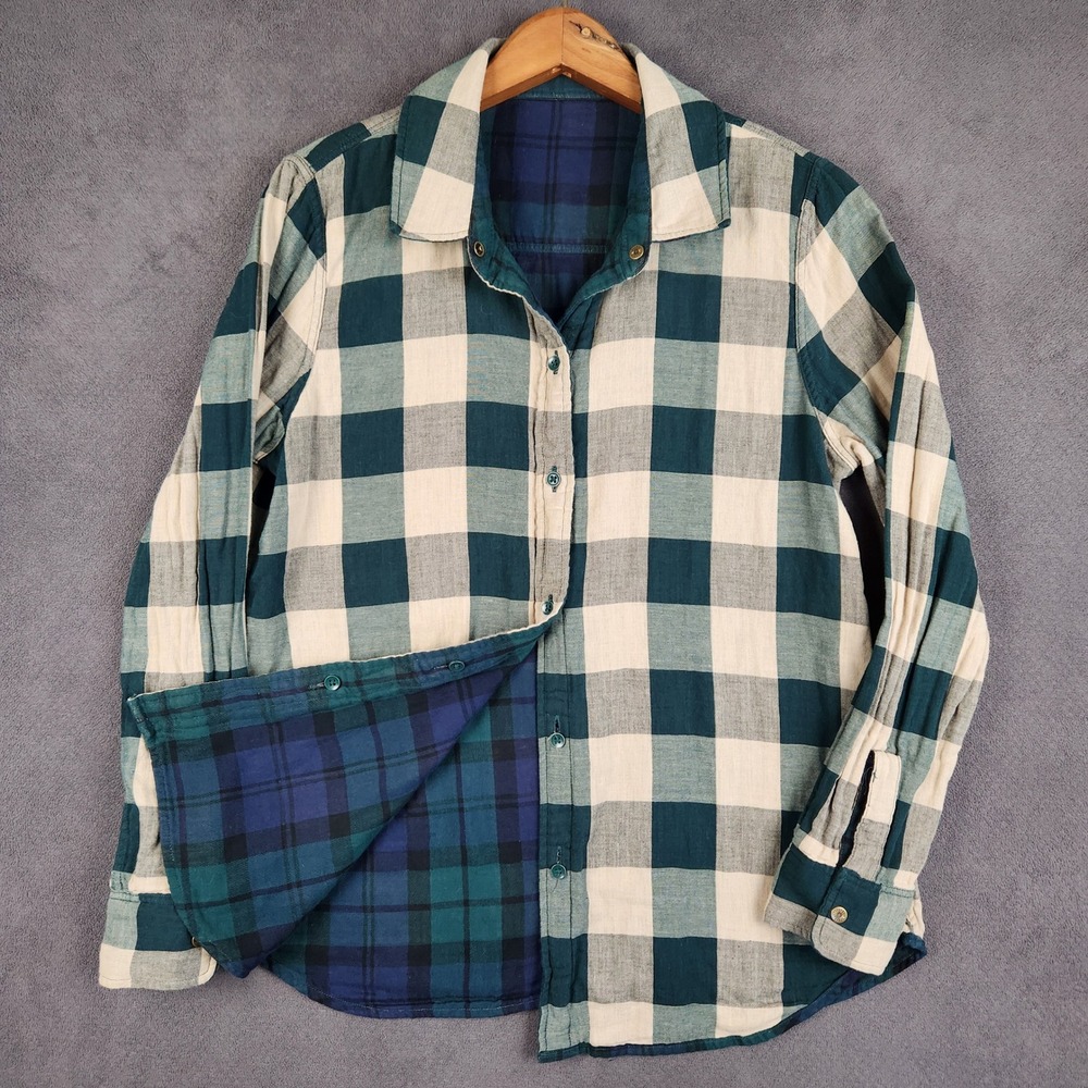 Faherty Reversible Shirt Womens Small Green Blue Plaid Long Sleeve Button Up